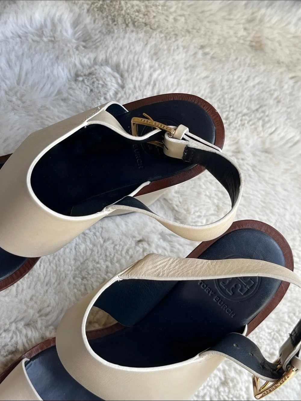Tory Burch Wedge Leather Double-Band Slingback Sandals with Gold Buckle Size 7